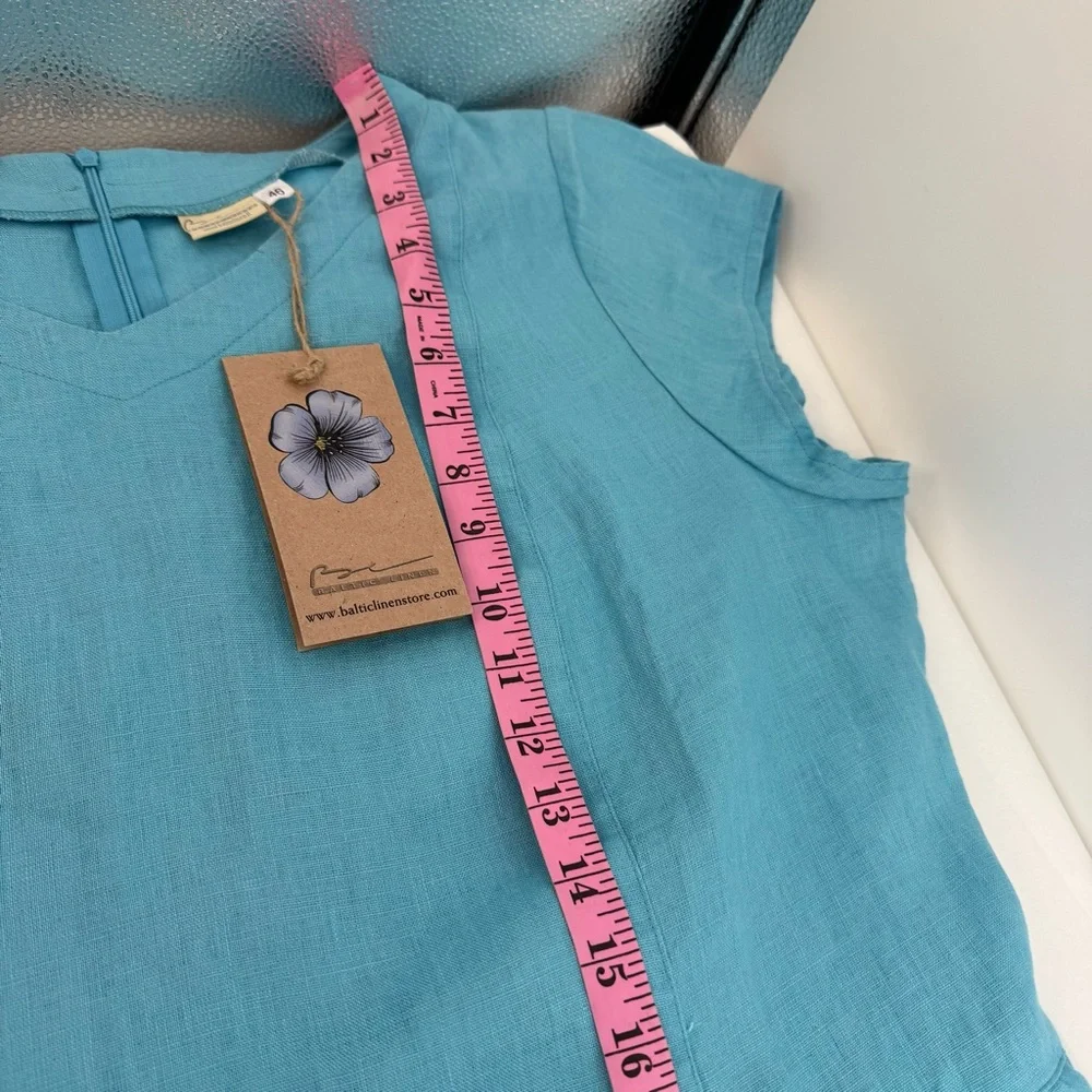 NWT Baltic Jura Linen Womens Size 46 Blue Midi Dress Short Sleeve V Neck Pockets - Picture 10 of 14